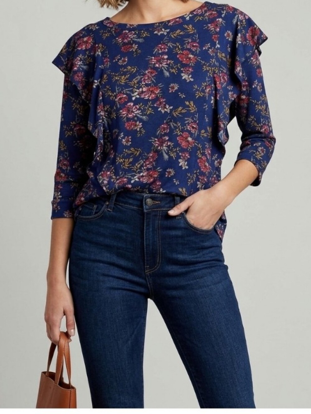 Free People Dock Street Top Floral Tunic Blue & Pink Small